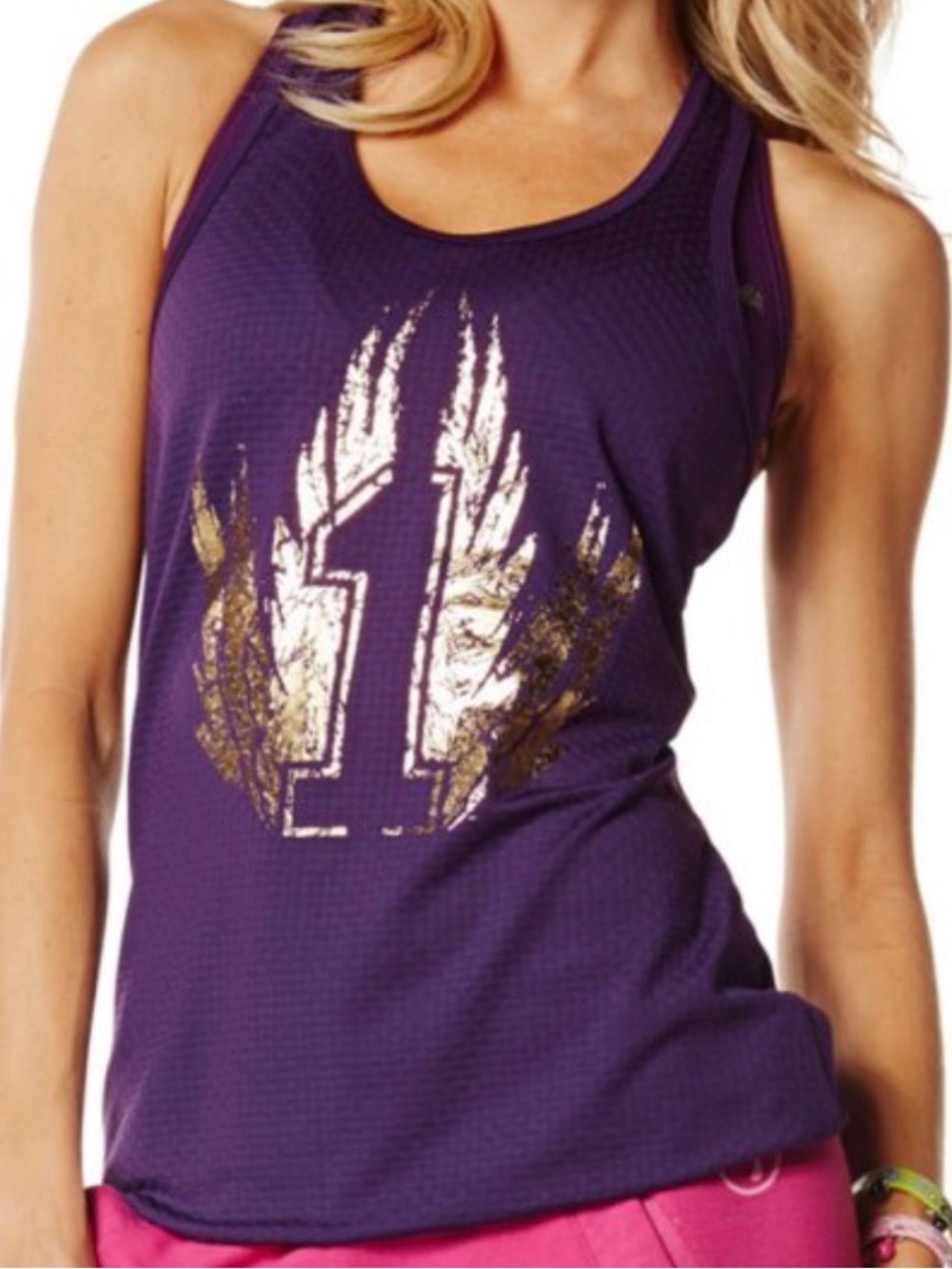 Zumba Fitness Purple Racerback Tank with Gold Metallic Graphic